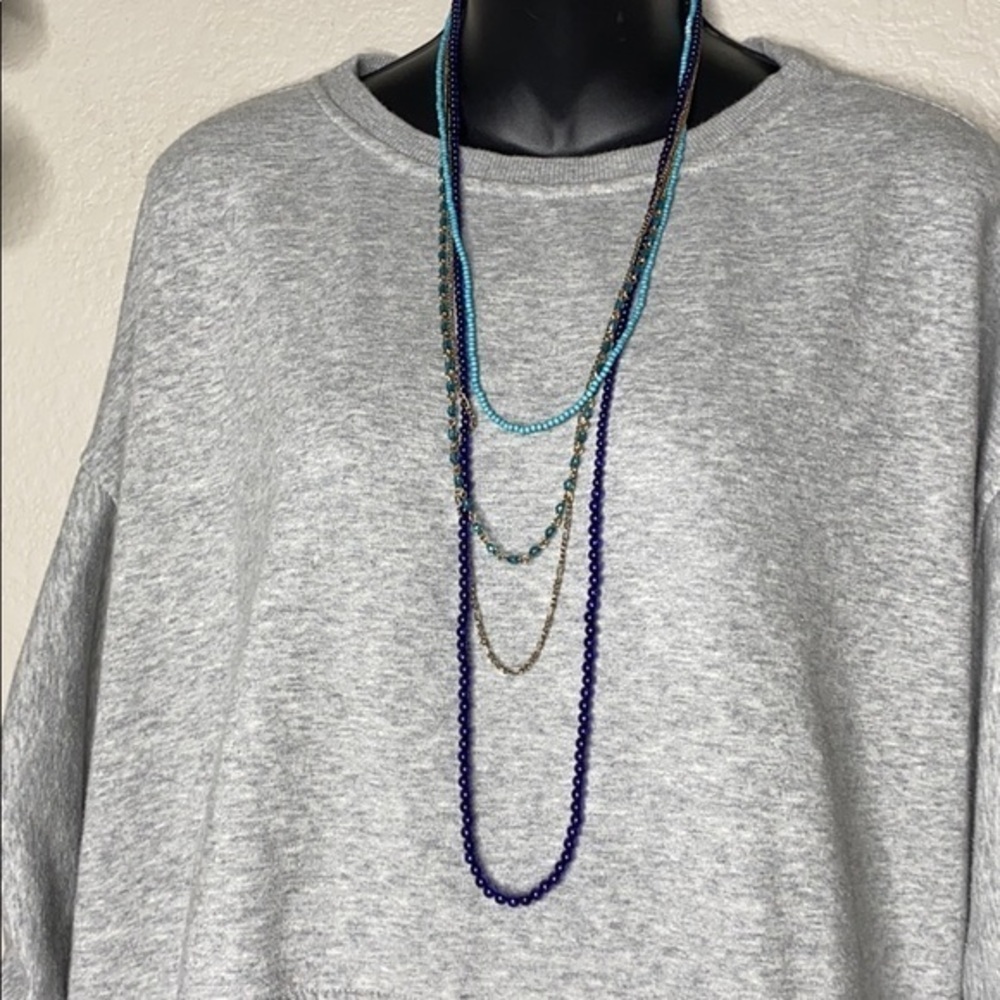Long Blue Beaded Layered Necklace